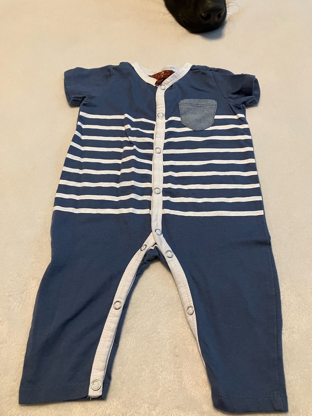 Blue and White Striped Baby Romper with Chest Pocket
